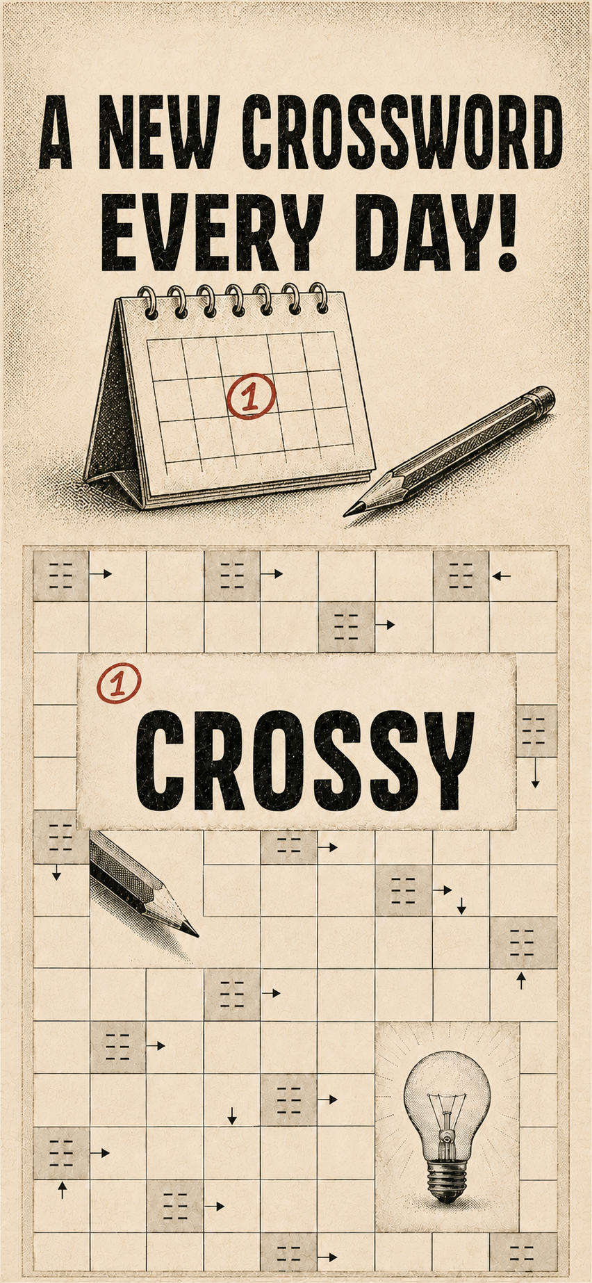 Crossy splash screen: newspaper grid with the word CROSSY, a pencil, and a lightbulb